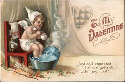 Cupid Valentine Postcard, Foot Bath, Almost Got a Chill Postcard