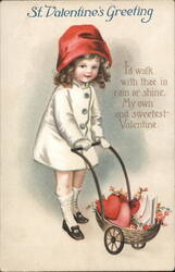 Little Girl with Valentine Hearts in Cart Postcard