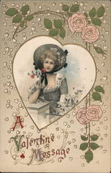 A Valentine Message, Woman with Rose, Heart, Roses Postcard