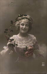 Bonne Annee, Young Woman with Holly & Roses Postcard