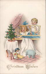 Two Children Admire Christmas Tree, Antique Postcard Postcard