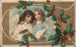 Two Angels with Holly Sprigs - A Glad Christmas Postcard