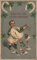 Happy New Year Boy with Champagne Bottle and Coins Postcard