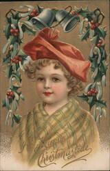 A Merry Christmastide, Child in Red Tam, Holly Garland Postcard