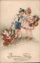 Boy and Girl with Flowers, Bonne Fête anniversaire Birthday Hannes Petersen Postcard Postcard Postcard