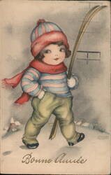 Bonne Année, Child Skier with Striped Sweater and Red Scarf Children Hannes Petersen Postcard Postcard Postcard