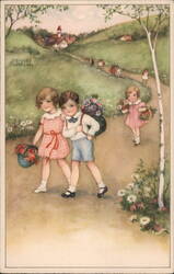 Two Children with Flowers, Girl with Basket, Village in Background Postcard