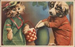 Cat in Green Dress & Dog in Red Pajamas, Dutch Postcard Postcard