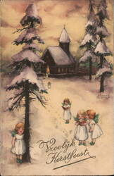 Vintage Christmas Postcard - Angels Singing, Snowy Church Hannes Petersen Postcard Postcard