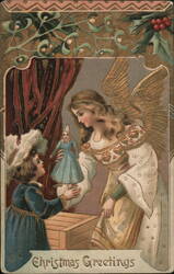 Christmas Angel Giving Doll to Girl Postcard