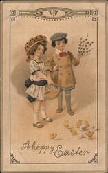 A Happy Easter, Two Children with Chicks and Pussy Willows Postcard