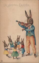 A Joyful Easter, Rabbit Playing Violin, Bunnies Dance Postcard