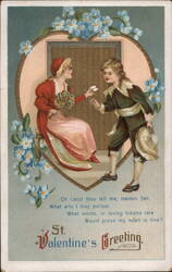 Boy gives Valentine to girl, St. Valentine's Greeting Postcard