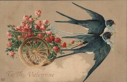 Two Birds Pulling Cart of Roses - Valentine's Day Animals Postcard Postcard Postcard