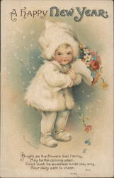 Happy New Year Child with Flowers in Snow, Vintage Postcard Postcard