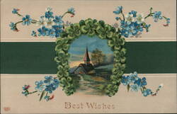 Church in Countryside, Shamrocks and Forget-Me-Nots, Best Wishes Postcard