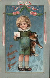 Happy New Year Boy with Dog and Letter Postcard 1910 Postcard