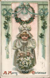 Little Girl in Bonnet with Flowers, A Merry Christmas Children Postcard Postcard Postcard