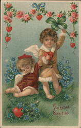 Two Valentine Cherubs, One Holding Four Leaf Clover Postcard