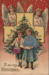 Merry Christmas Children with Christmas Tree and Angels Postcard