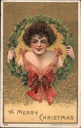 Woman with Holly Wreath, Merry Christmas Postcard Postcard Postcard