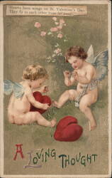 Two Cherubs Sewing a Heart, A Loving Thought, Valentine's Day Postcard