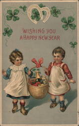 Happy New Year Children with Basket of Food Postcard Postcard