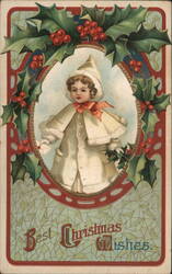 Child in White Coat, Holly, Best Christmas Wishes Postcard