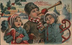 Three Children with Horns and a Snowman, Merry Christmas Postcard