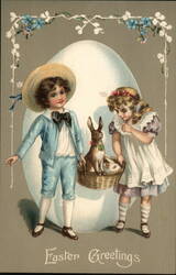 Easter Greetings, Boy & Girl with Bunny Basket & Large Egg Postcard