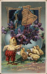 Happy Easter Chick with Bell and Violets Postcard