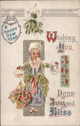 Happy New Year Lady with Basket of Flowers, Mistletoe Postcard