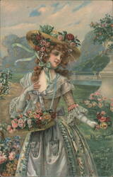 Young Woman with Basket and Bouquet of Roses Flowers Postcard Postcard Postcard