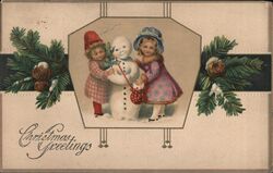 Antique Christmas Postcard, Children with Snowman Postcard