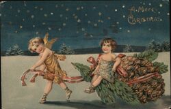 Cherub Pulling Child in Pine Cone Sled, Merry Christmas Children Postcard Postcard Postcard