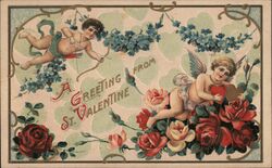 Two Cupids, One with Bow and Arrow, One with Heart, Roses, Forget-Me-Nots Postcard