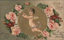 Cherubic Cupid with Bow and Arrow, Surrounded by Roses, True Love Postcard