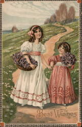 Two Girls with Baskets of Violets, Best Wishes Postcard