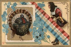 Thanksgiving Greetings, Turkey & Pilgrim Girl Postcard