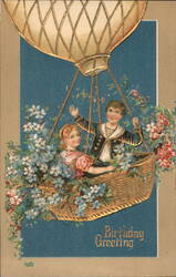 Birthday Greeting, Boy and Girl in Hot Air Balloon Basket Postcard Postcard Postcard