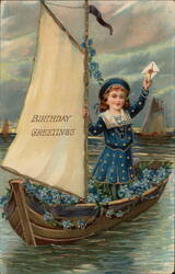 Birthday Greetings Little Girl in Sailor Suit on Sailboat Postcard