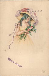 Bonne Année, Beautiful Lady with Flowers and Hat Beautiful Ladies H.P. Postcard Postcard Postcard