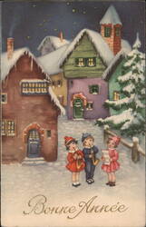 Bonne Année, Children Caroling in Snowy Village Hannes Petersen Postcard Postcard Postcard