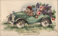 Child Driving Car Filled with Flowers, Bonne Fête Postcard