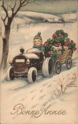 Bonne Année, Child Driving Toy Car with Flowers Children Hannes Petersen Postcard Postcard Postcard