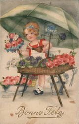 Little Girl Selling Flowers Under Umbrella, Bonne Fête With Children Hanne Petersen Postcard Postcard Postcard