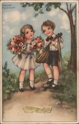 Boy with Mandolin, Girl with Flowers Children Hannes Petersen Postcard Postcard Postcard