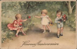 Heureux Anniversaire, Three Children with Flowers Birthday Hannes Petersen Postcard Postcard Postcard