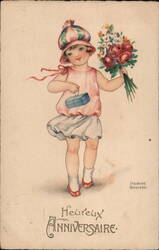 Happy Birthday Girl with Gift and Flowers, Hannes Andersen Postcard Postcard Postcard