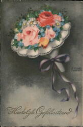 Vintage Dutch Birthday Postcard, Bouquet of Flowers Postcard